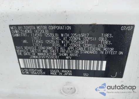 2007 Toyota Rav4 Limited V6 from USA, damaged, VIN JTMBK31V975038287